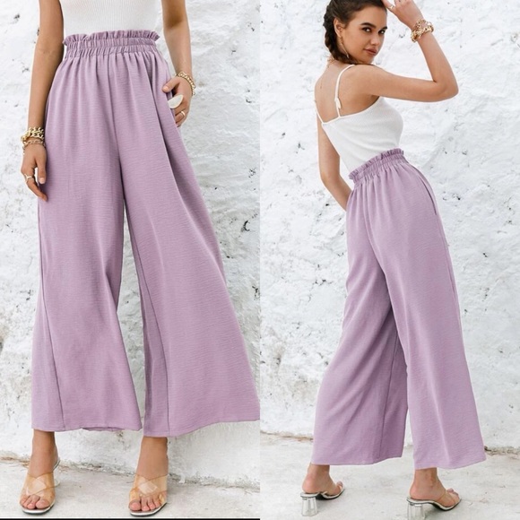 High waisted flared wide leg cropped pants shirred boho khaki tan - Picture 2 of 6